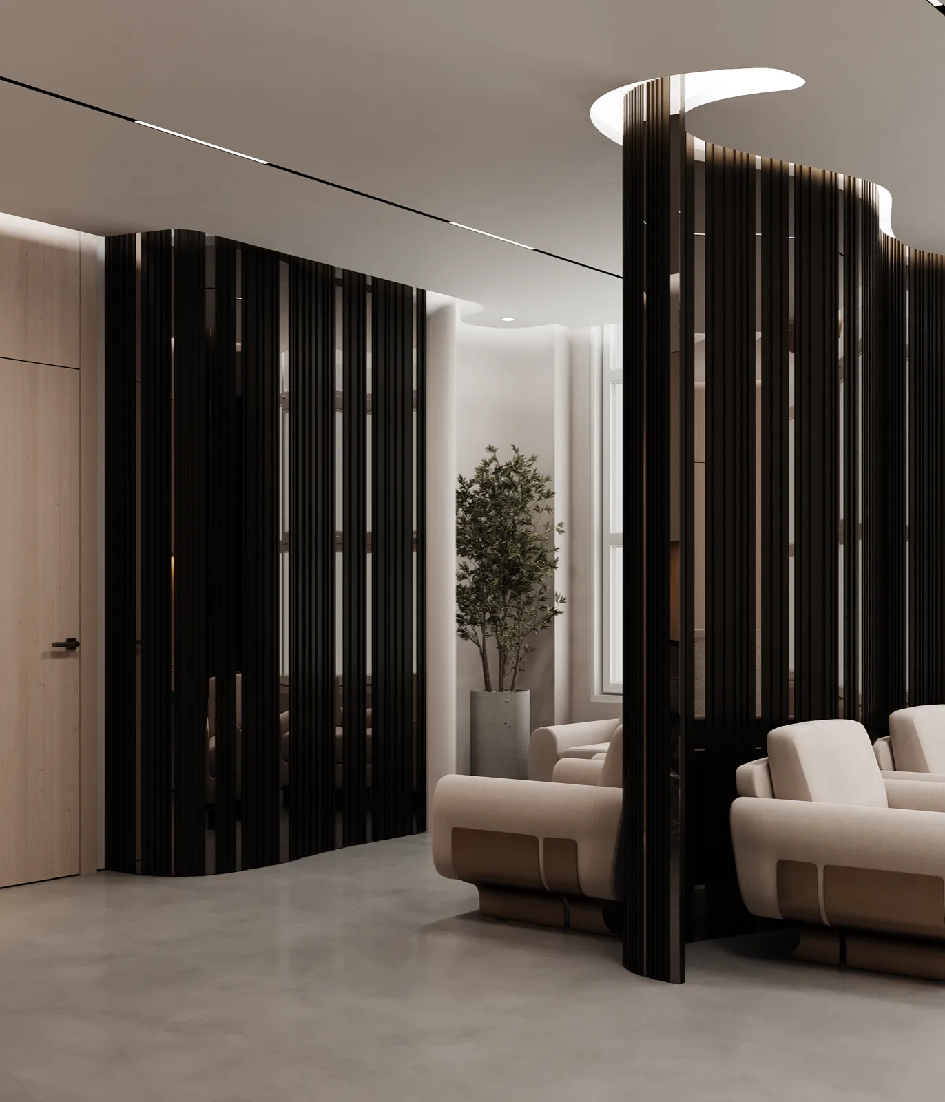 Private patient lounge with oak slat divider at Madeel Dental Center, Ajman