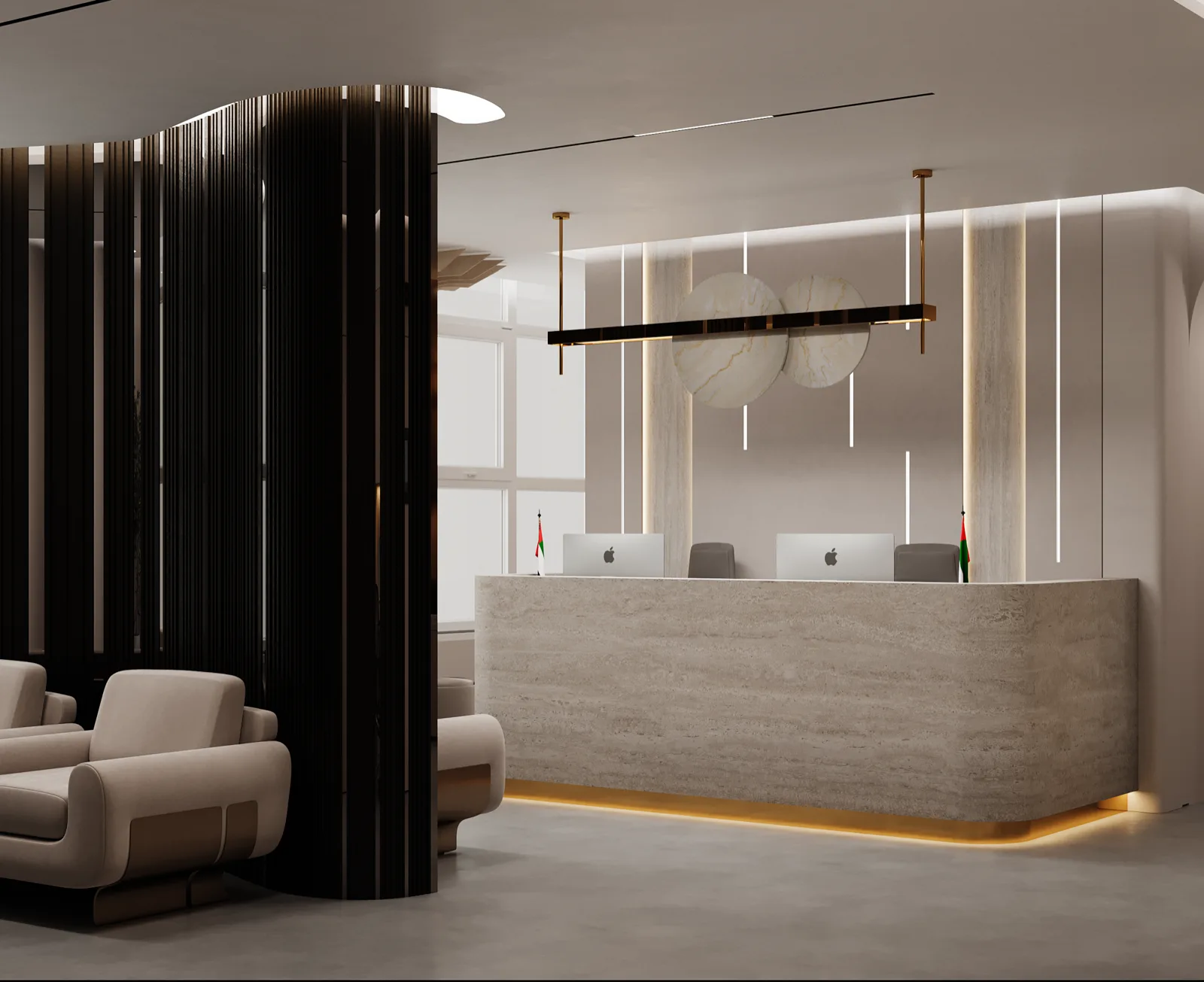Reception lounge at Madeel Dental Center Ajman with travertine desk and amber lighting