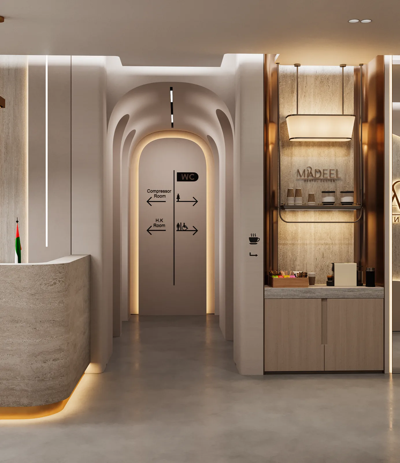 Backlit travertine signature wall in the Madeel Dental waiting area, Ajman