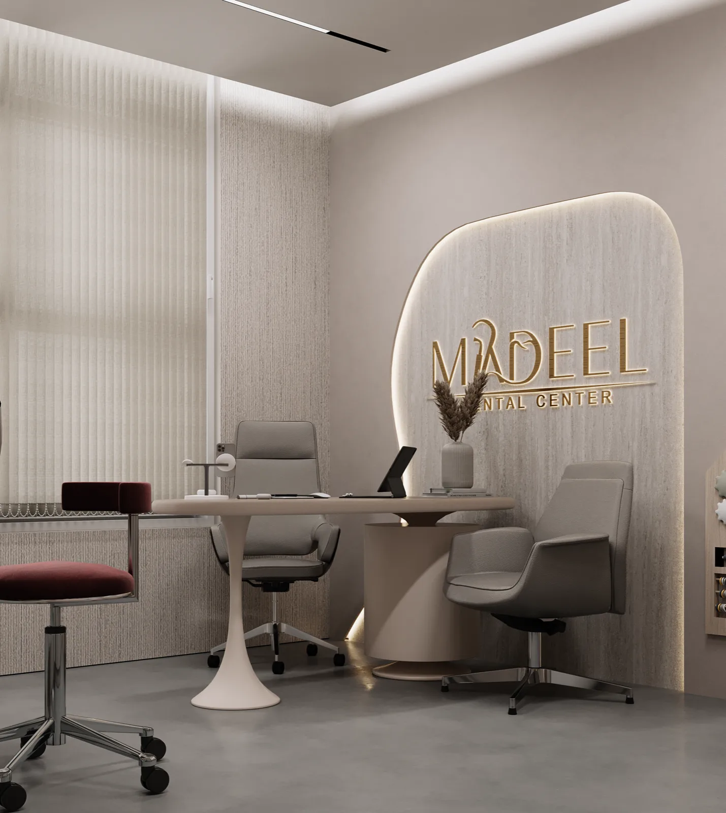 Treatment cabin with light oak panelling and natural light at Madeel Dental Ajman